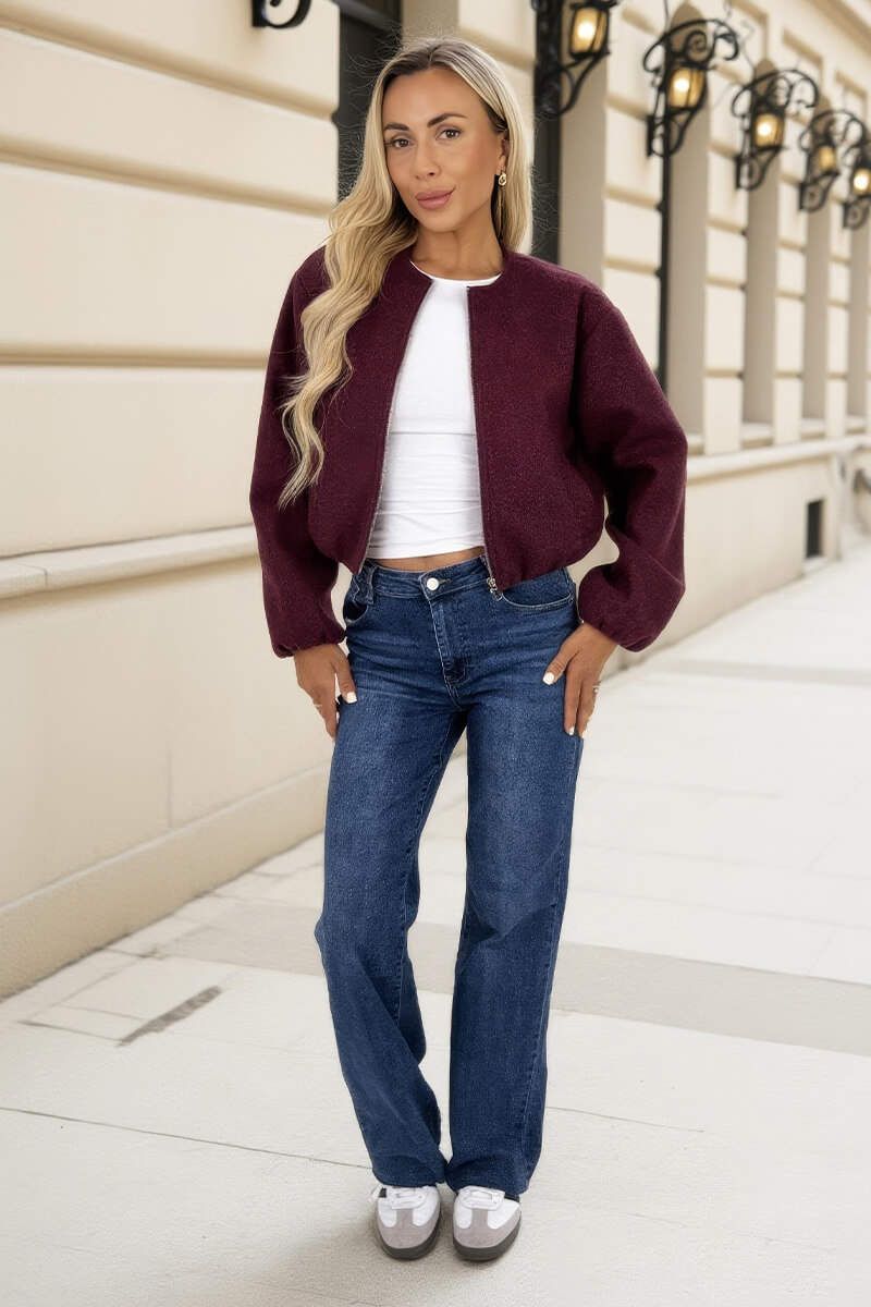 AX Paris Burgundy Marl Bubble Hem Zip Up Bomber Jacket