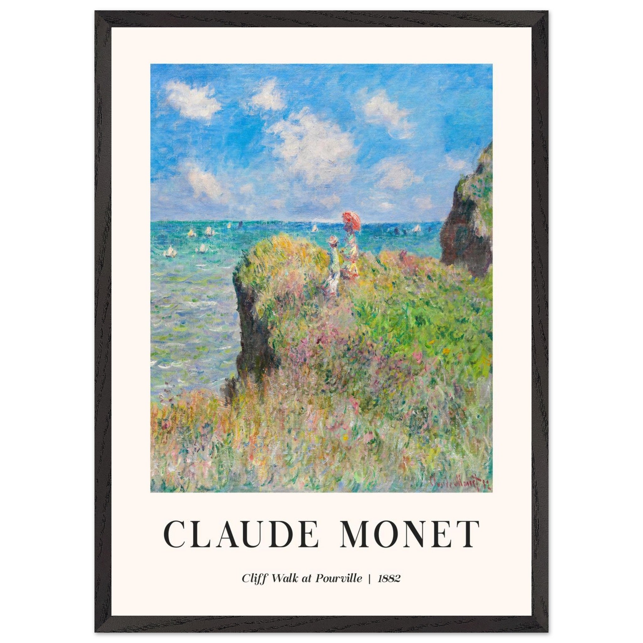 Artfulprints Poster met Lijst Claude Monet - Cliff walk at Pourville  - 50x70 cm - Blauw