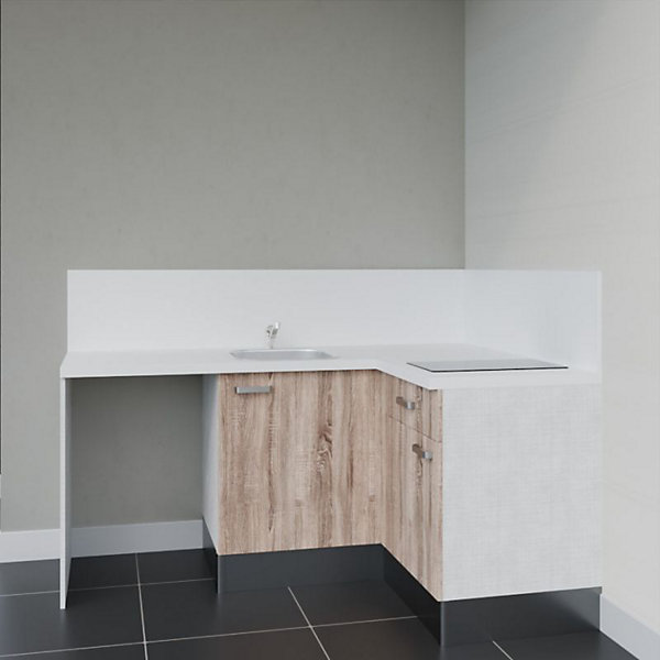 Kitchenette KA01 - 128 cm - Façades : Bois - Plan de travail : Blanc - Crédences : Oui - Evier