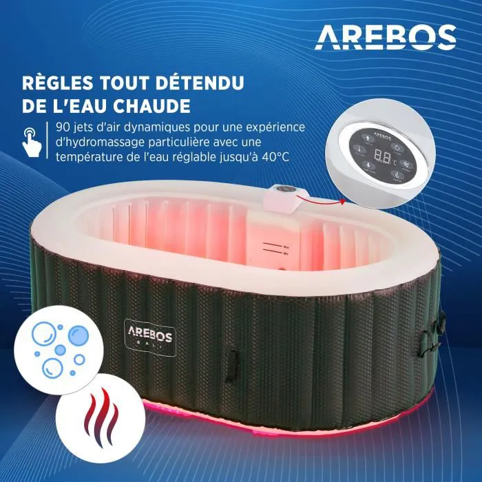 AREBOS Inflatable Spa with LED lighting | Inflatable | Indoor & Outdoor | 190x120 cm Oval | 2 Persons