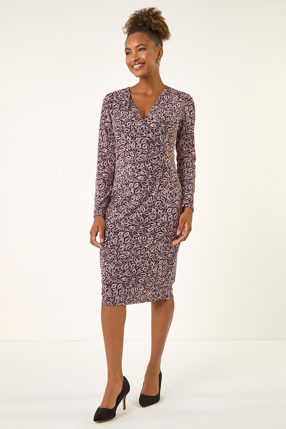 Roman Leaf Print Chain Detail Midi Dress