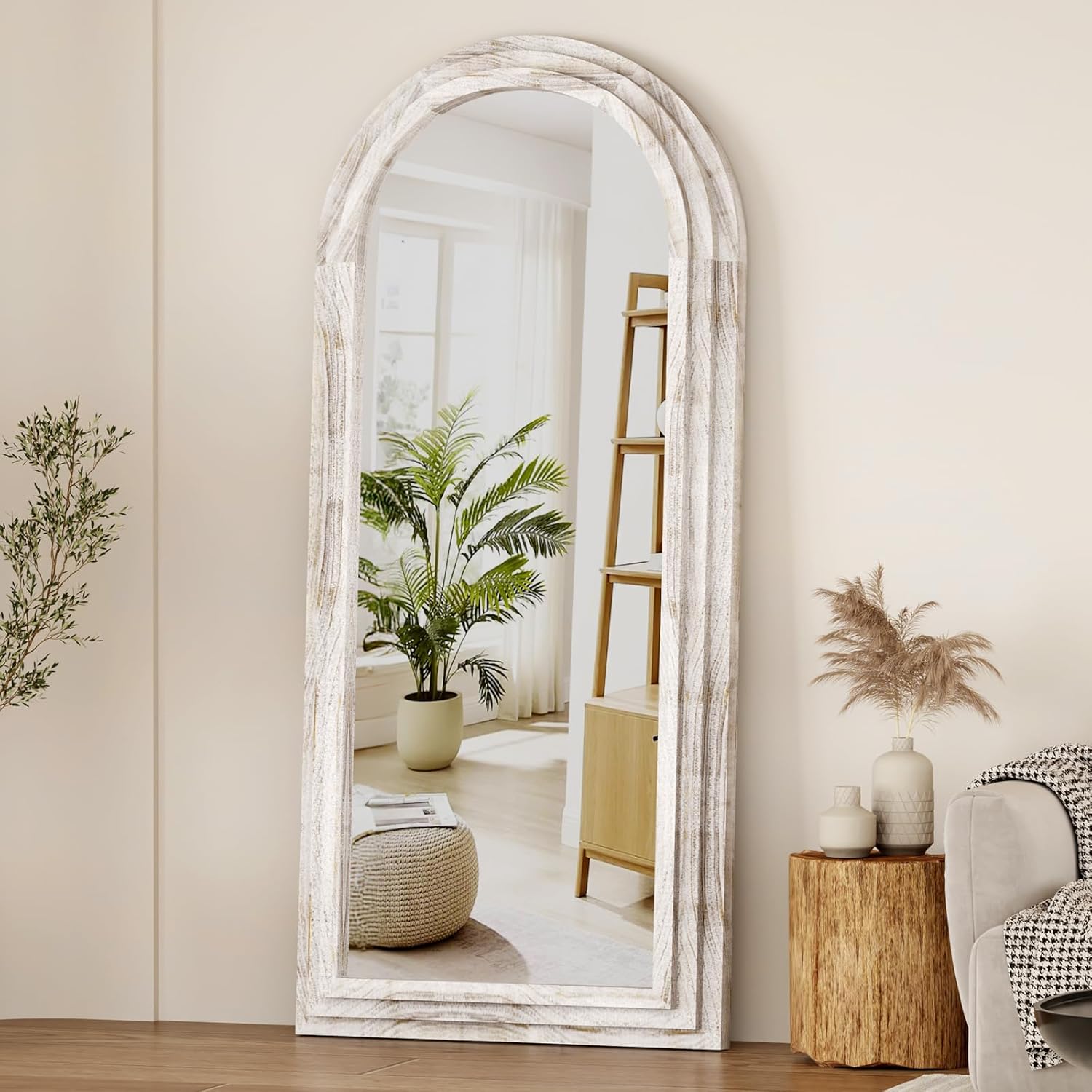 ZHUNFA External Three-Layer Arched Full Length Mirror with Solid Wood Frame,65x22 Modern Farmhouse Decor Standing Mirror Full Length,Wall Mounted,Leaning,Standing for Bedroom,Living Room,White.