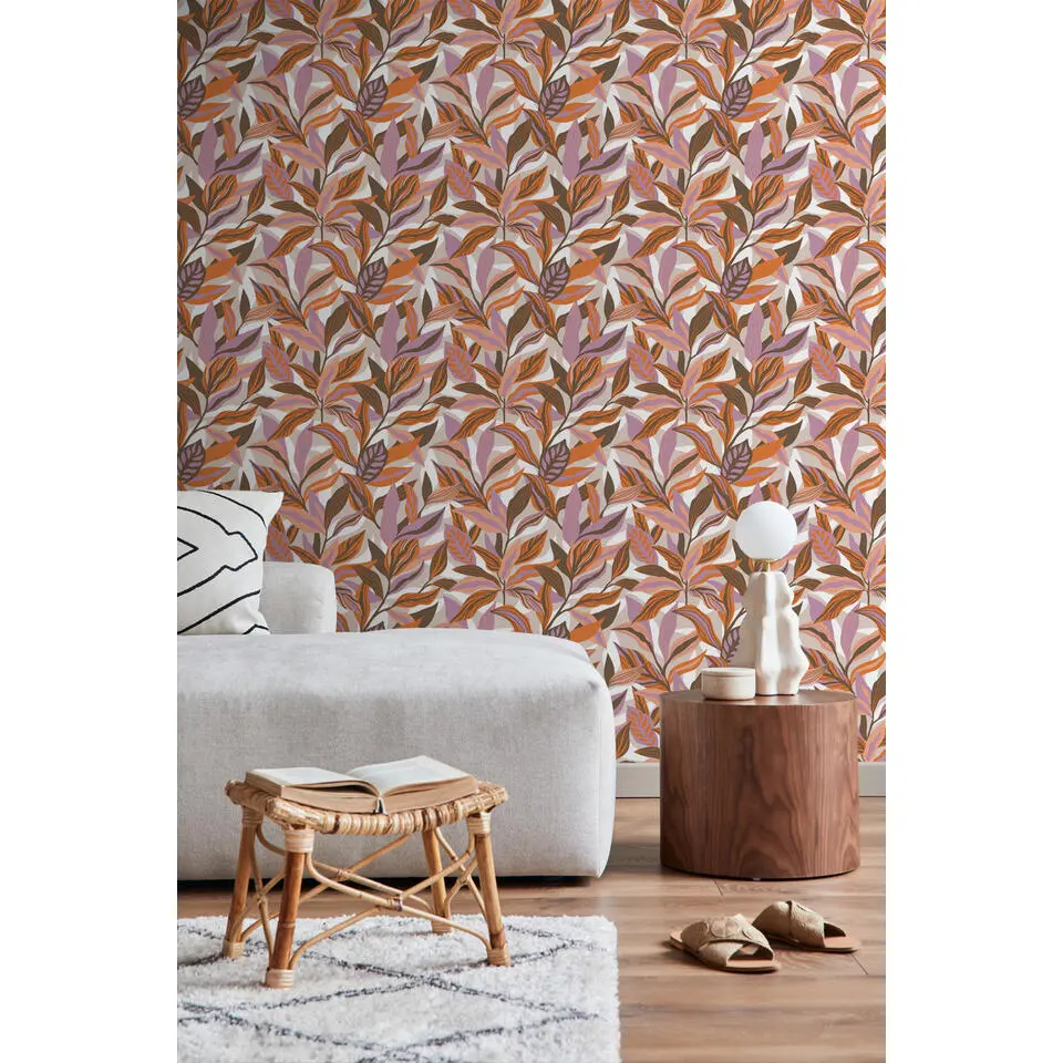 ESTAhome behang tropische bladeren oranje, paars en roze - 50 x 900 cm