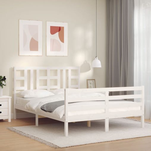 NNEVL Bed Frame with Headboard White 137x187 cm Double Solid Wood