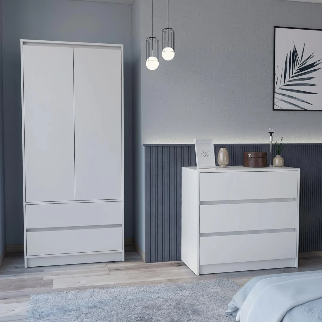 2 Piece Bedroom Set for Bedroom,Apartment, Dresser + Armoire, White