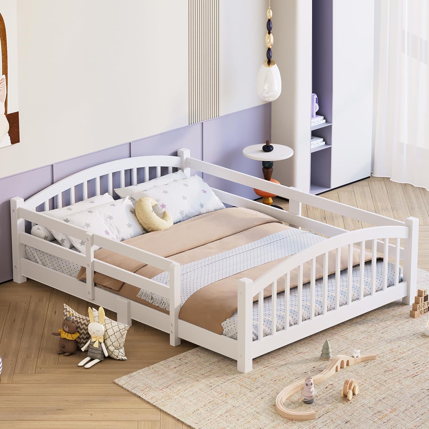 Merax Full Montessori Floor Bed with Safety Guardrails – Solid Wood Kids Bed with Slats & Fence and Without Door, No Box Spring Needed, White