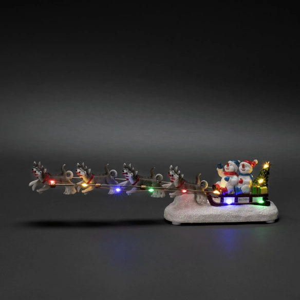 LED-Dekoration, Schneemann mit Hundeschlitten, Batteriebetrieb, bunt