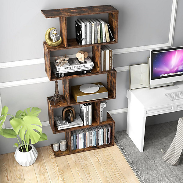Bibliotheque, Etagere de Rangement en Forme S Style Industriel Meuble de Rangement Polyvalent en Bois-5 Etageres,Marron
