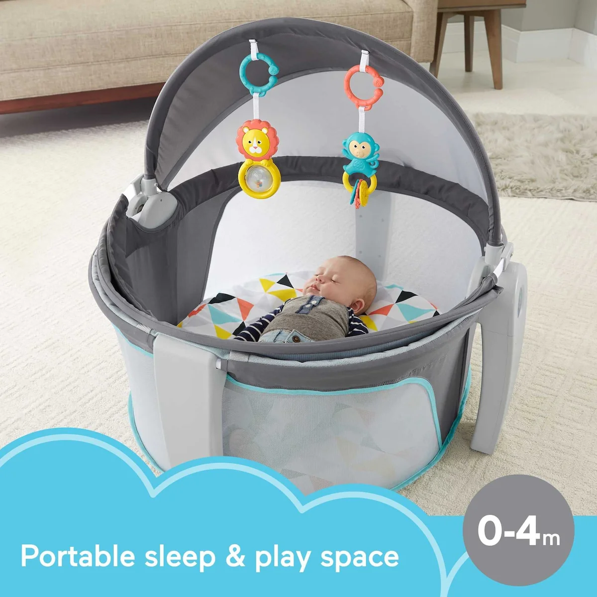 Portable Bassinet and Play Space On-the-Go Baby Dome with Developmental Toys and Canopy, Windmill