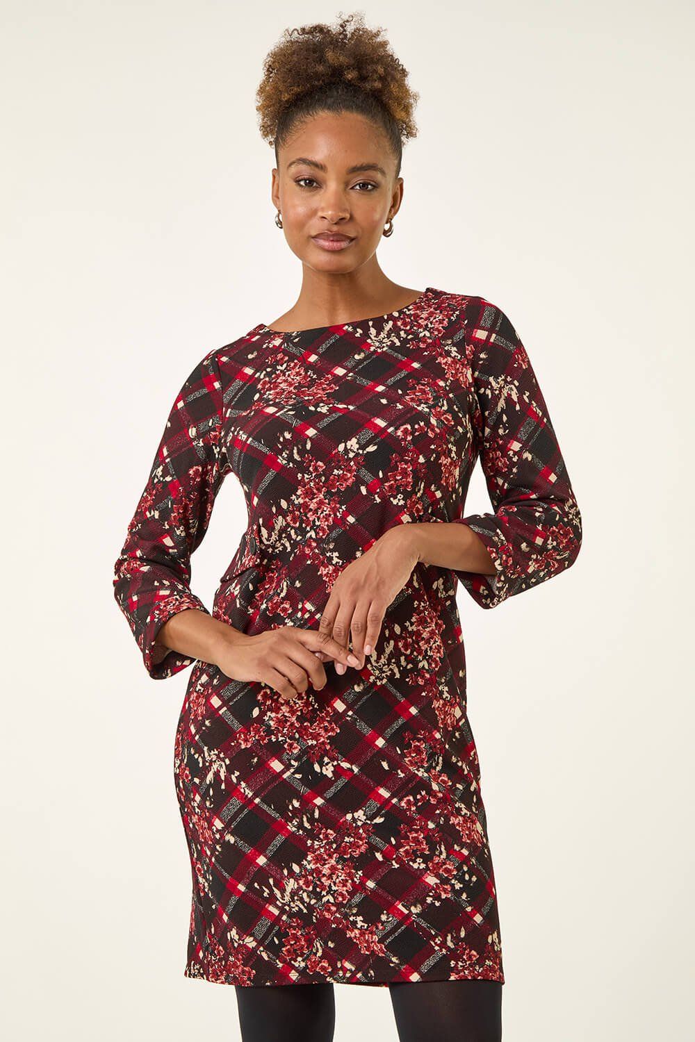 Roman Floral Plaid Panel Shift Dress