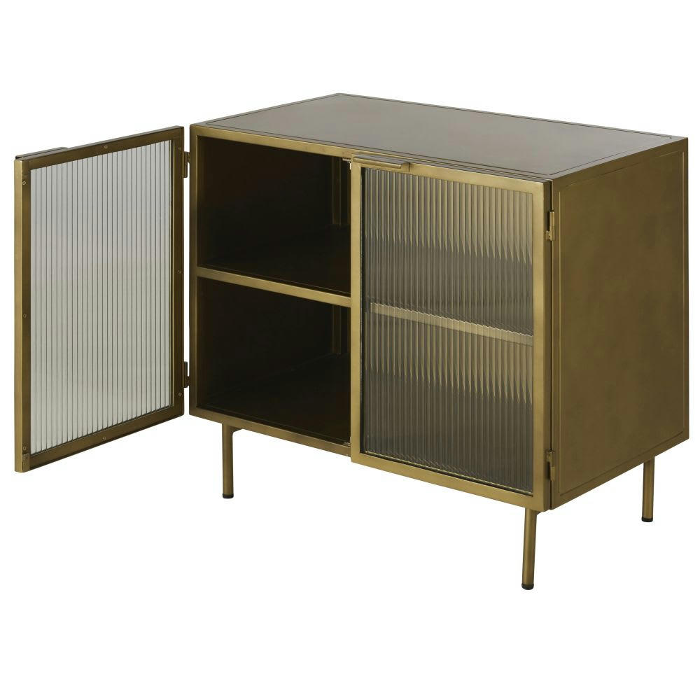 Brassy - Meuble de rangement en métal doré et portes battantes en verre ondulé