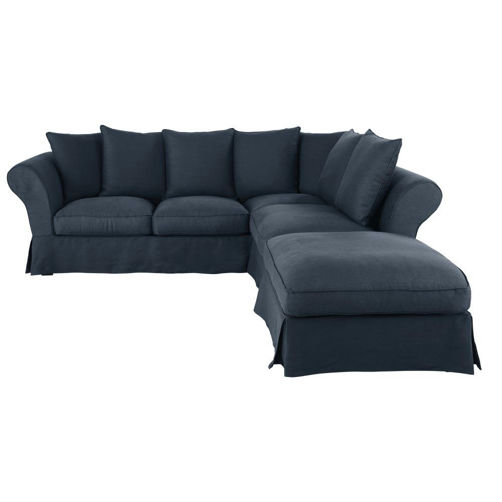 Roma - Housse de canapé d'angle convertible (6 cm) en lin froissé bleu nuit