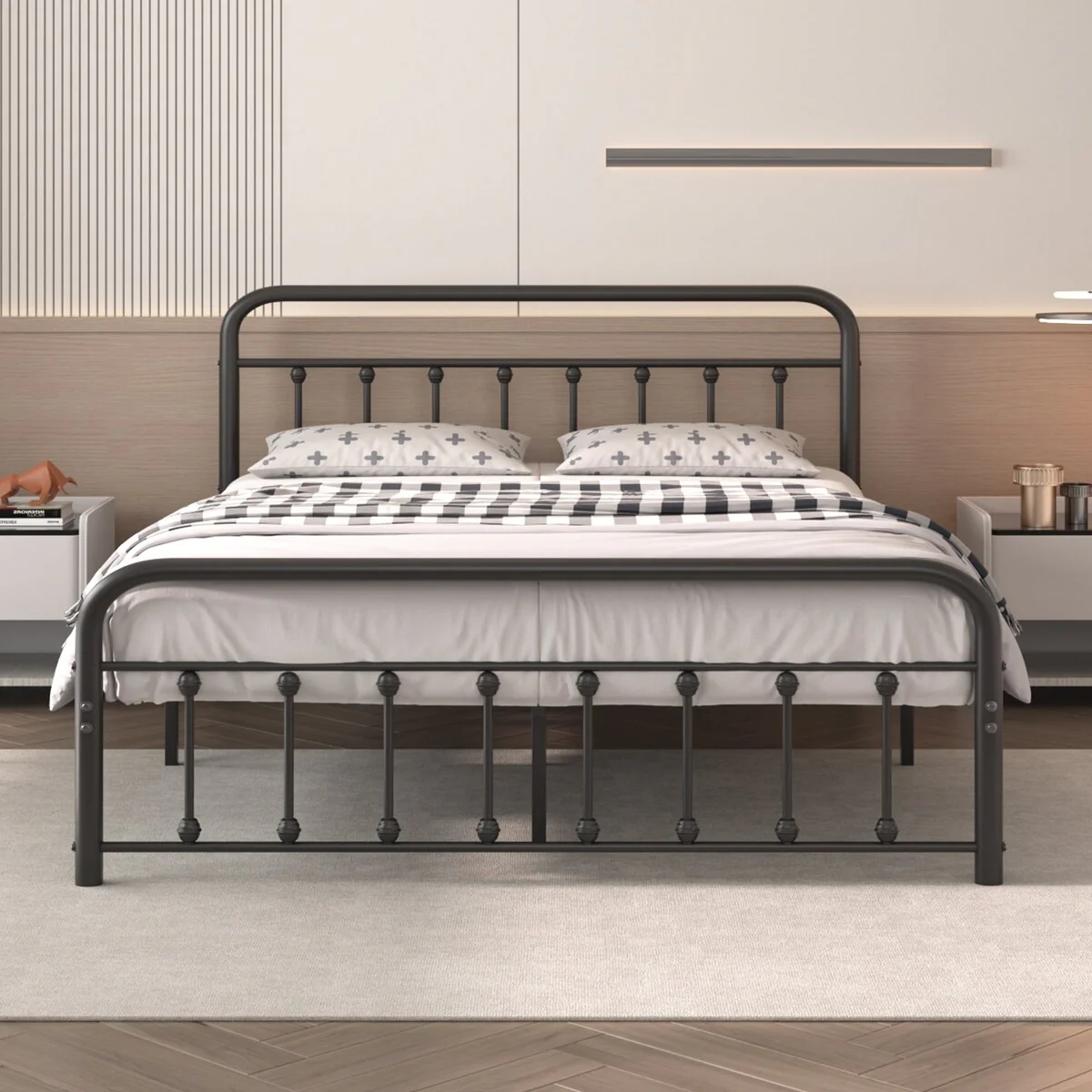 Black Metal Bed Frame with Vintage Headboard and Footboard,No Box Spring Needed,Premium Stable Steel Slat Support,Black