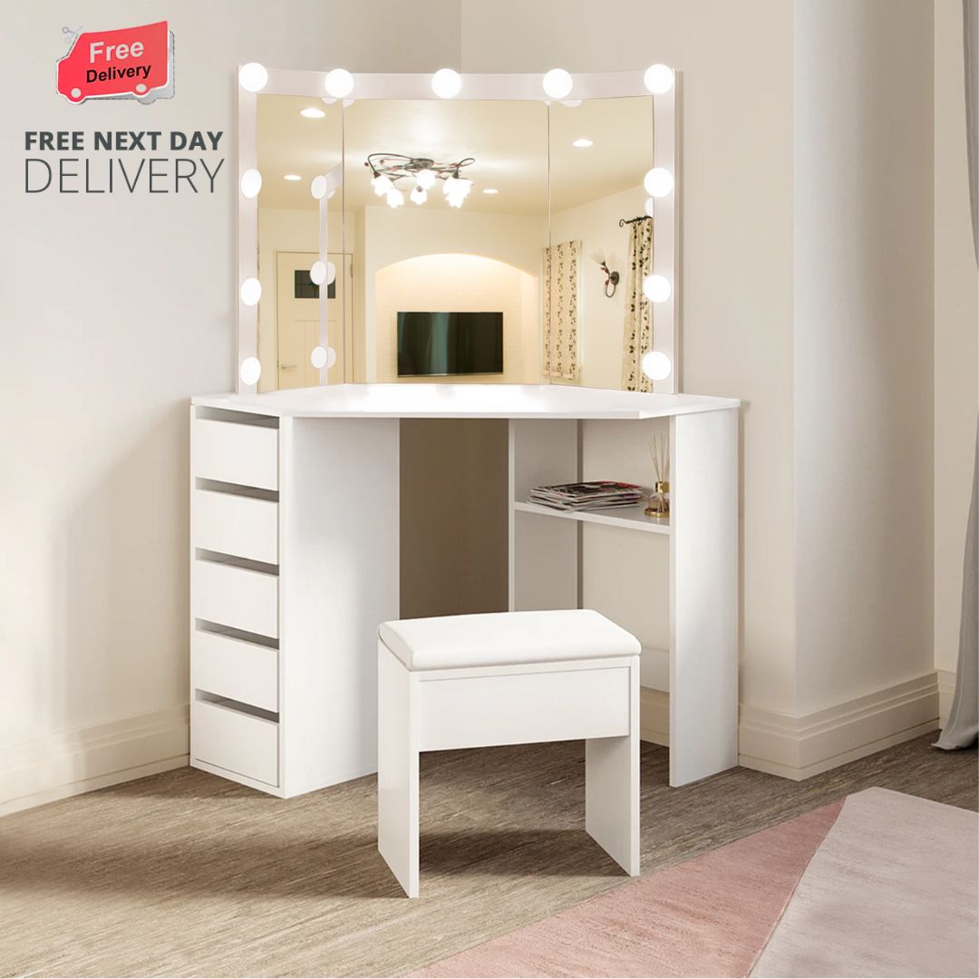 KOSY KOALA Corner Dressing Table with Mirror and Stool Makeup Vanity LED Mirror Lights Hollywood Table