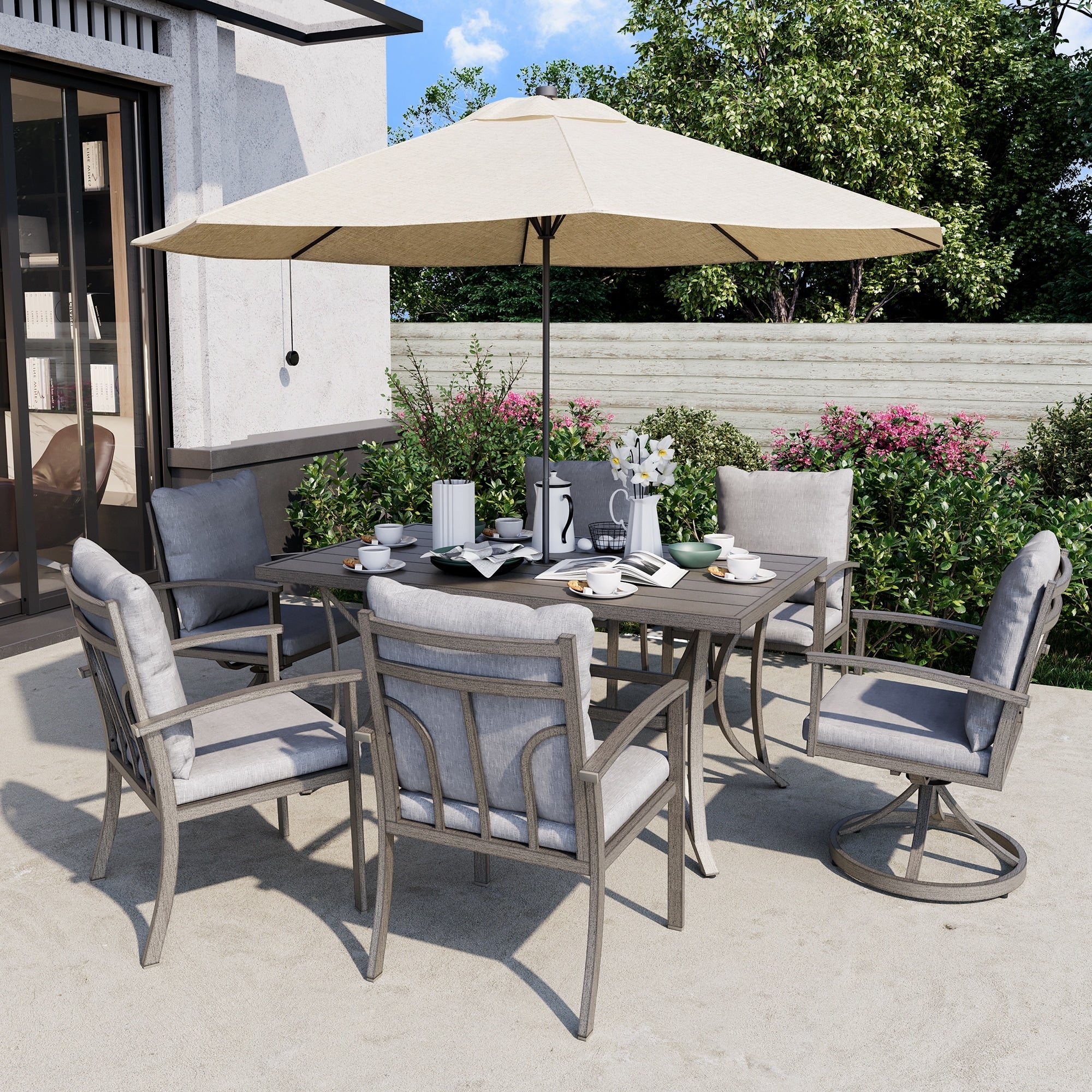 7-Piece Aluminum Patio Dining Set with 2 Swivel Dining Chairs and 4 Dining Chairs and Washable Cushions