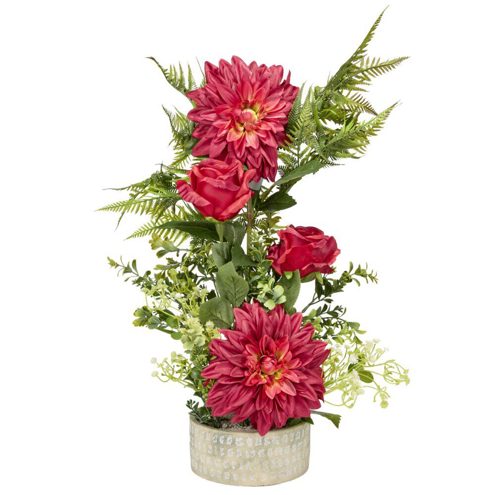 Vasque ciment dahlias roses fougères mini buis Ø38xH55cm (4 modèles)
