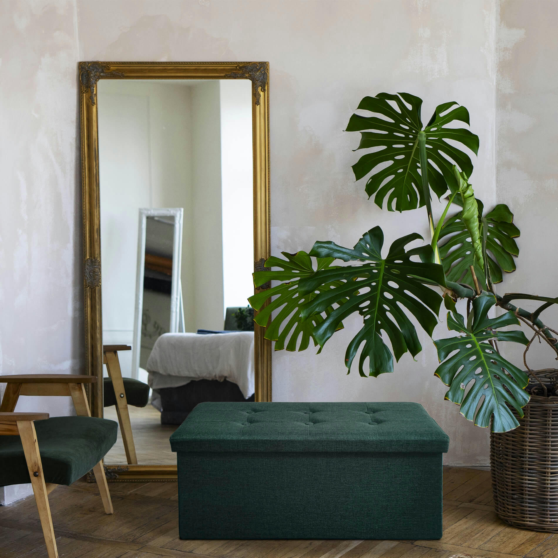 - Repose-pieds banquette pliant en fibre de bois et tissu vert