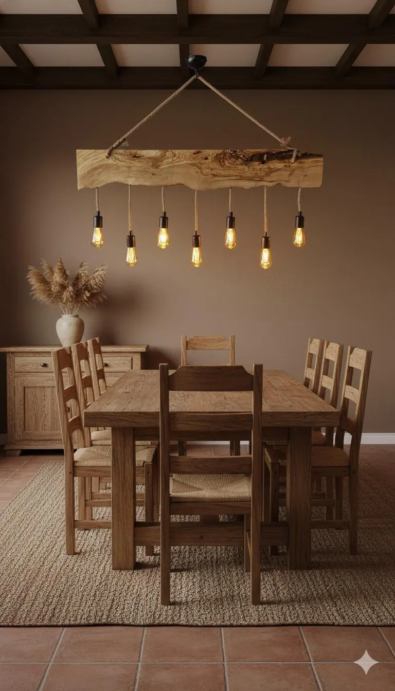 Olive Wood Rustic Light Fixture, Farmhouse Wooden Live Edge Chandelier For Dinign Room, Unique Ceiling Light For Dining Table and Kitchen