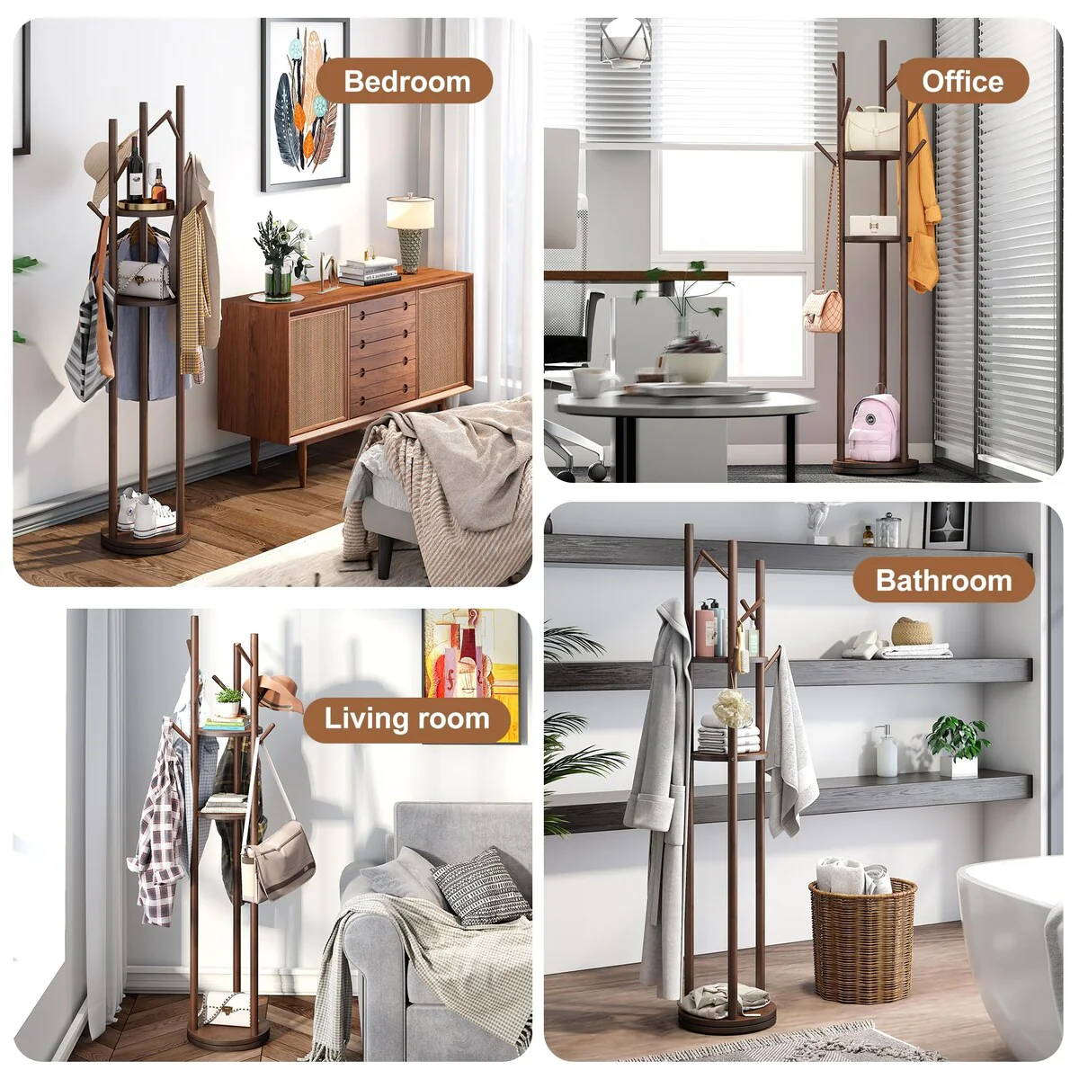 Bamboo Coat Rack Rotary Freestanding Coat Tree Rack Stand with 9 Hooks 3 Storage Shelves Easy Assembly Standing Coat Rack