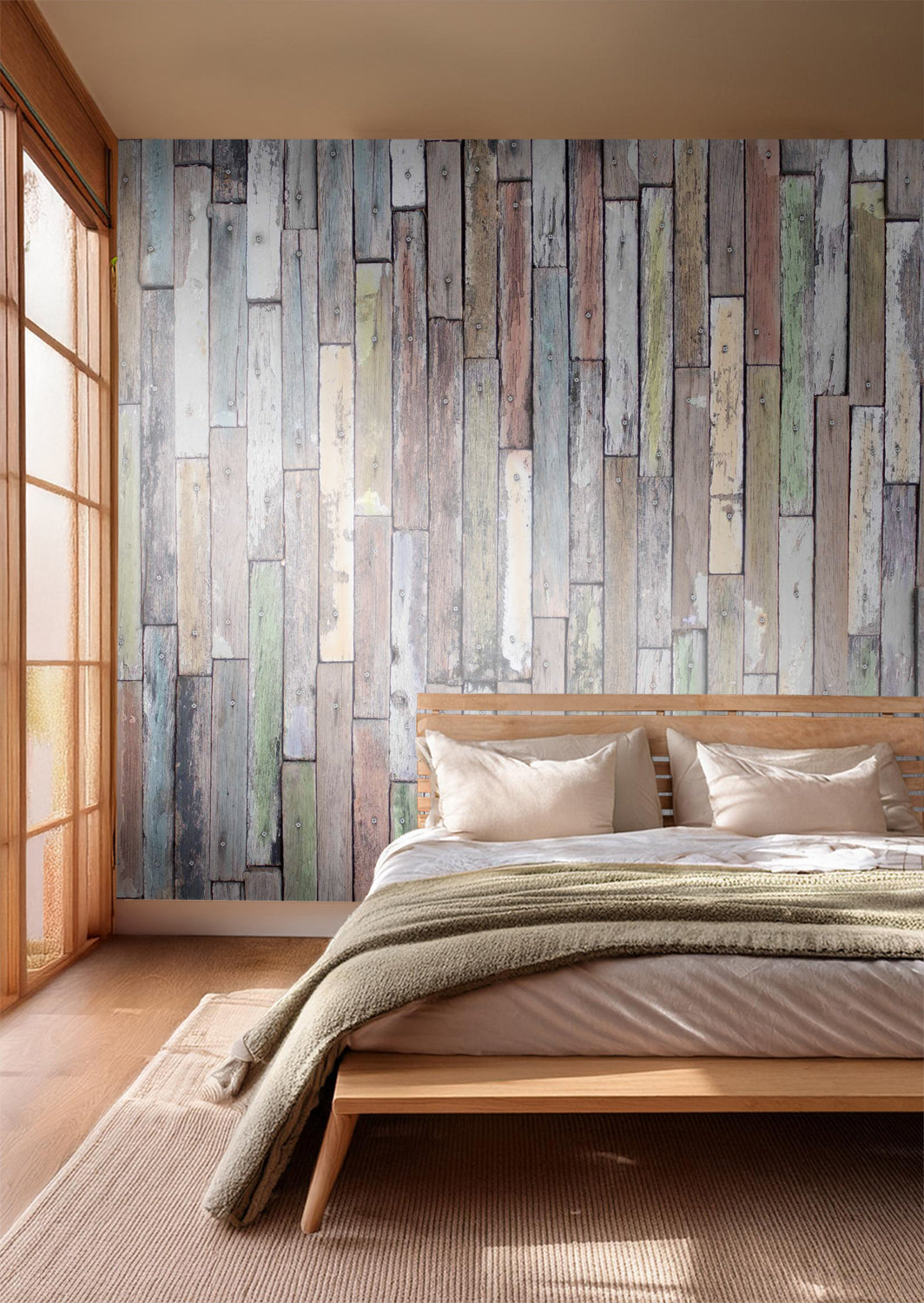 Sanders & Sanders fotobehang houten planken beige, groen en blauw - 375 x 270 cm - 600444