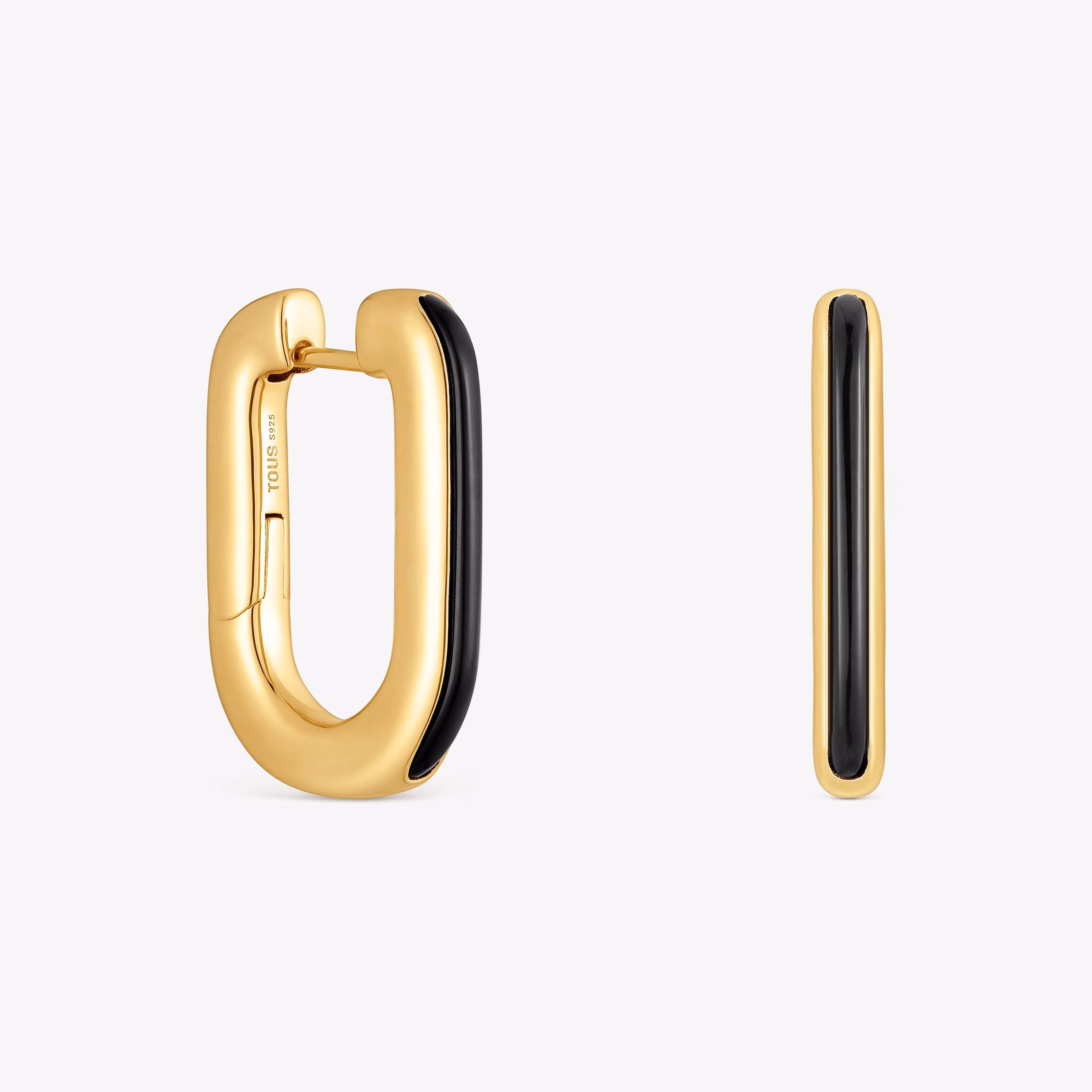 Pendientes de aro con baño de oro 18 kt sobre plata y ónix Line