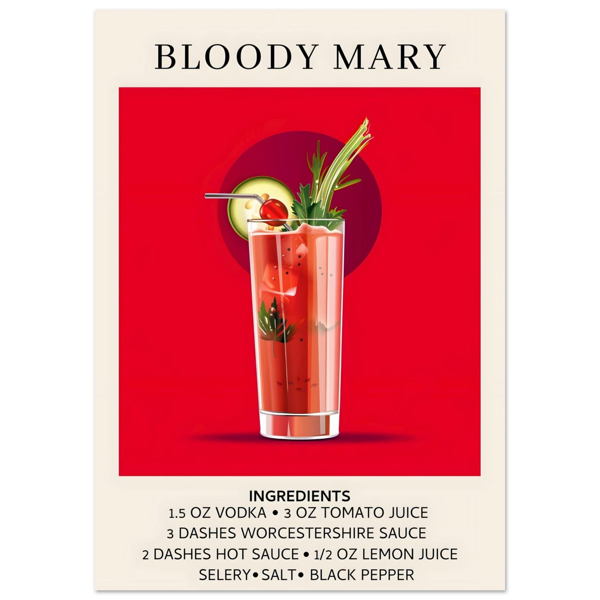 Artfulprints Poster Bloody Mary cocktail - Ingrediënten  - A4 21x29.7 cm - Rood
