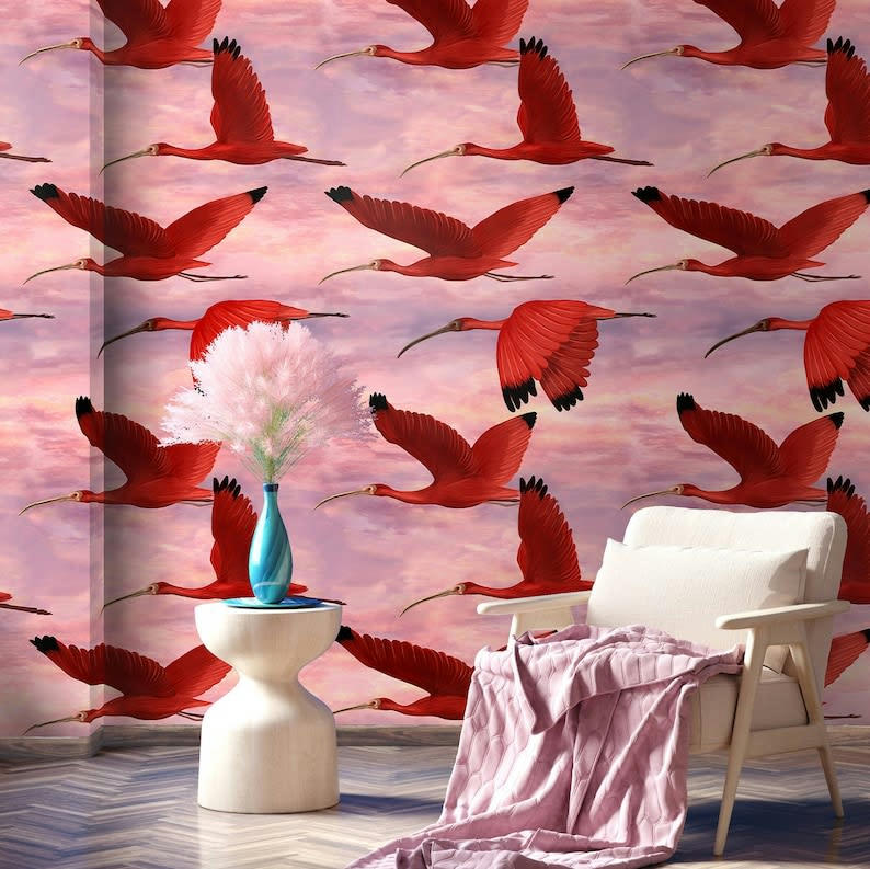 ANIMALI - Papier Peint Tropical Rose Oiseaux au Coucher du Soleil 250x200 cm