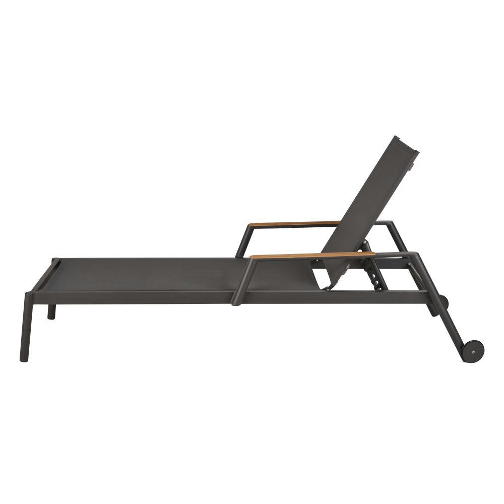 Guam - Bain de soleil en toile plastifiée gris anthracite avec accoudoirs en bois de teck massif à roulettes