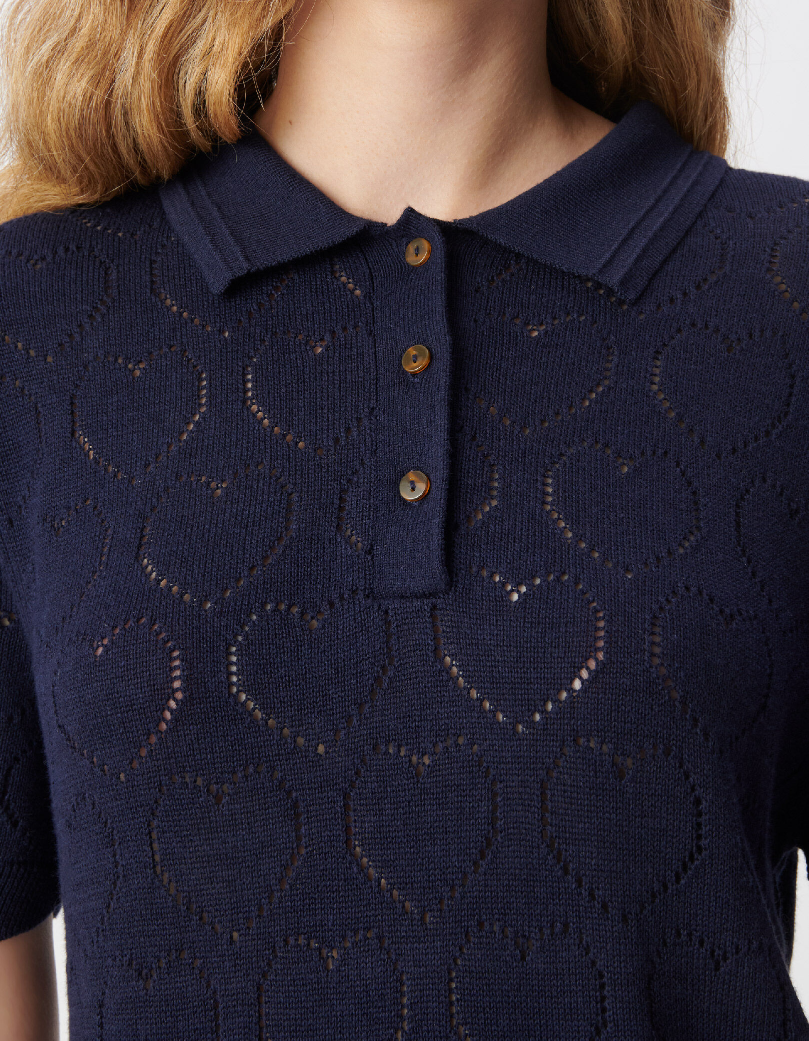 Pull col polo marine tricot ajouré cœurs Femme