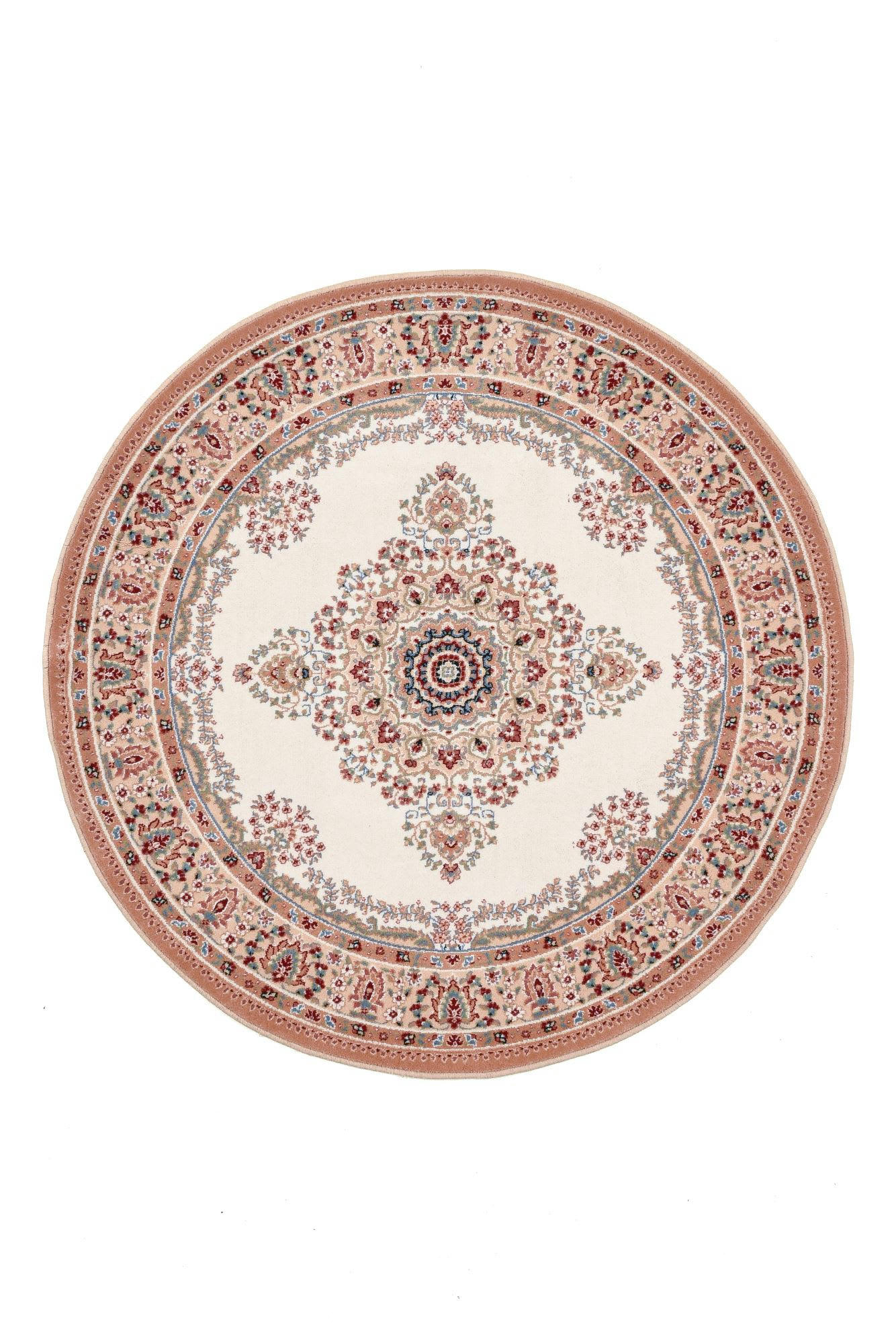 DOLNA - Tapis d'orient floral, tissé, laine naturelle beige Diam 133 cm