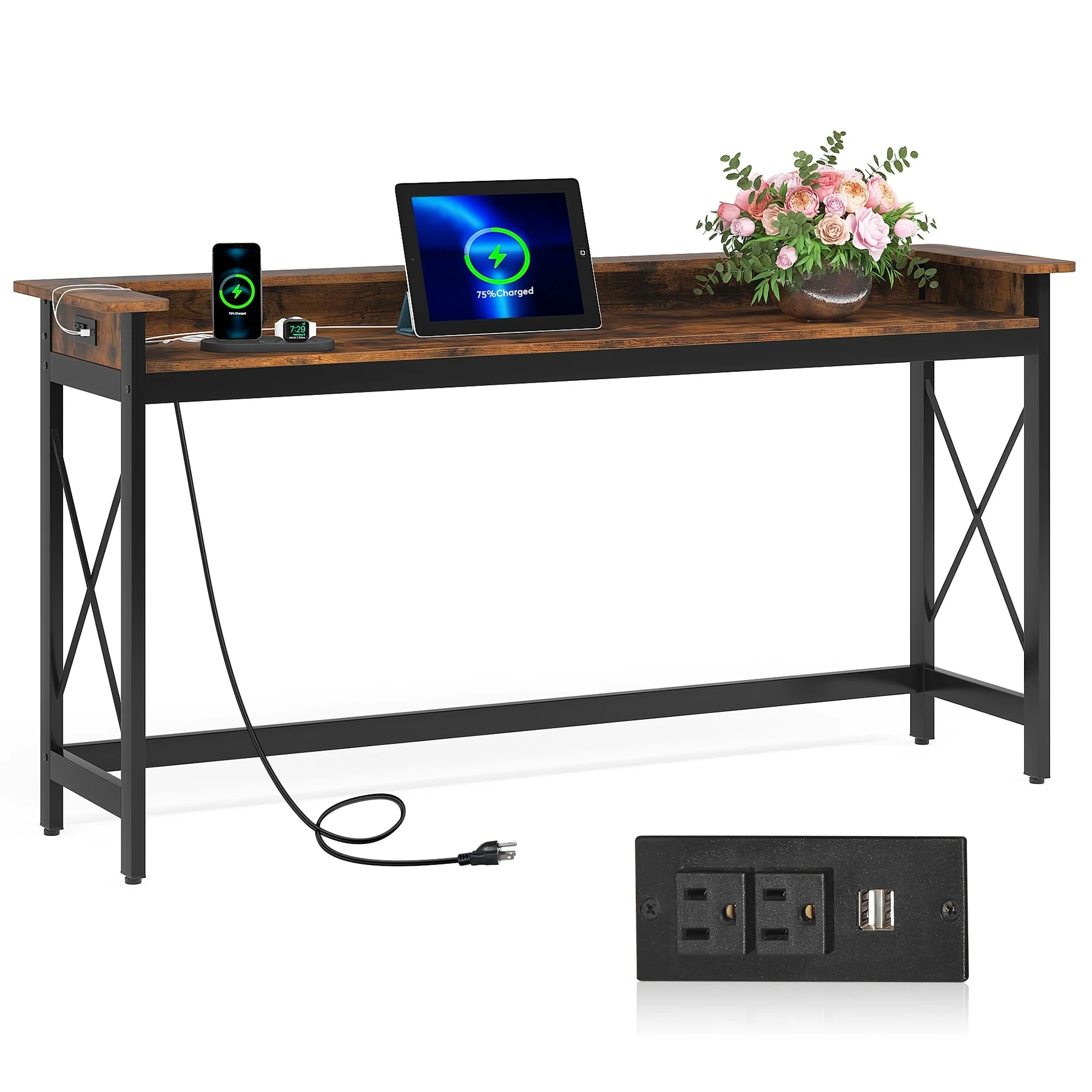 Sofa CouchTable with Outlets and USB Ports, 70.9 inch Long Entryway Console Table