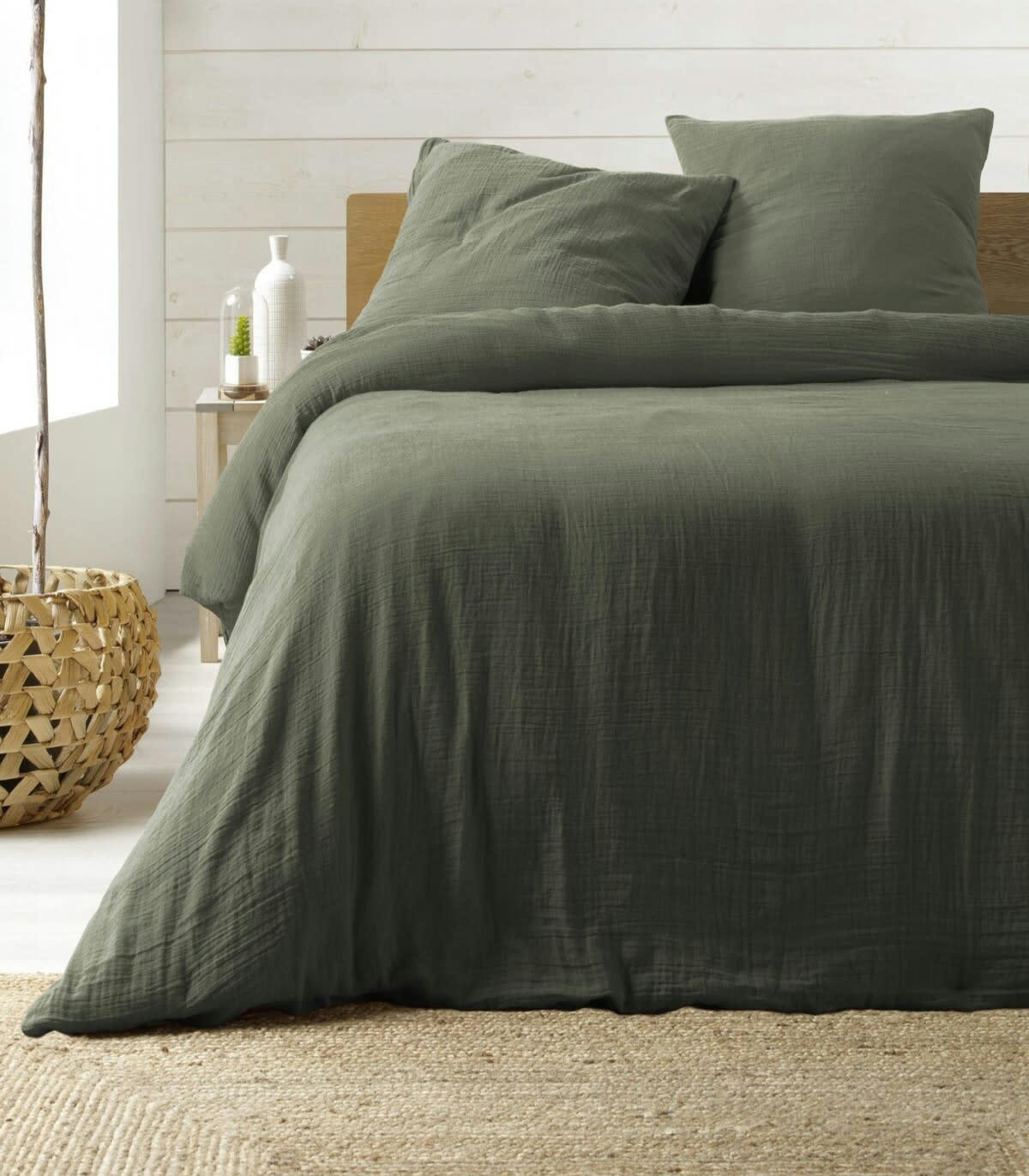 - Housse de couette double uni 100 % coton vert kaki 240 x 220 cm