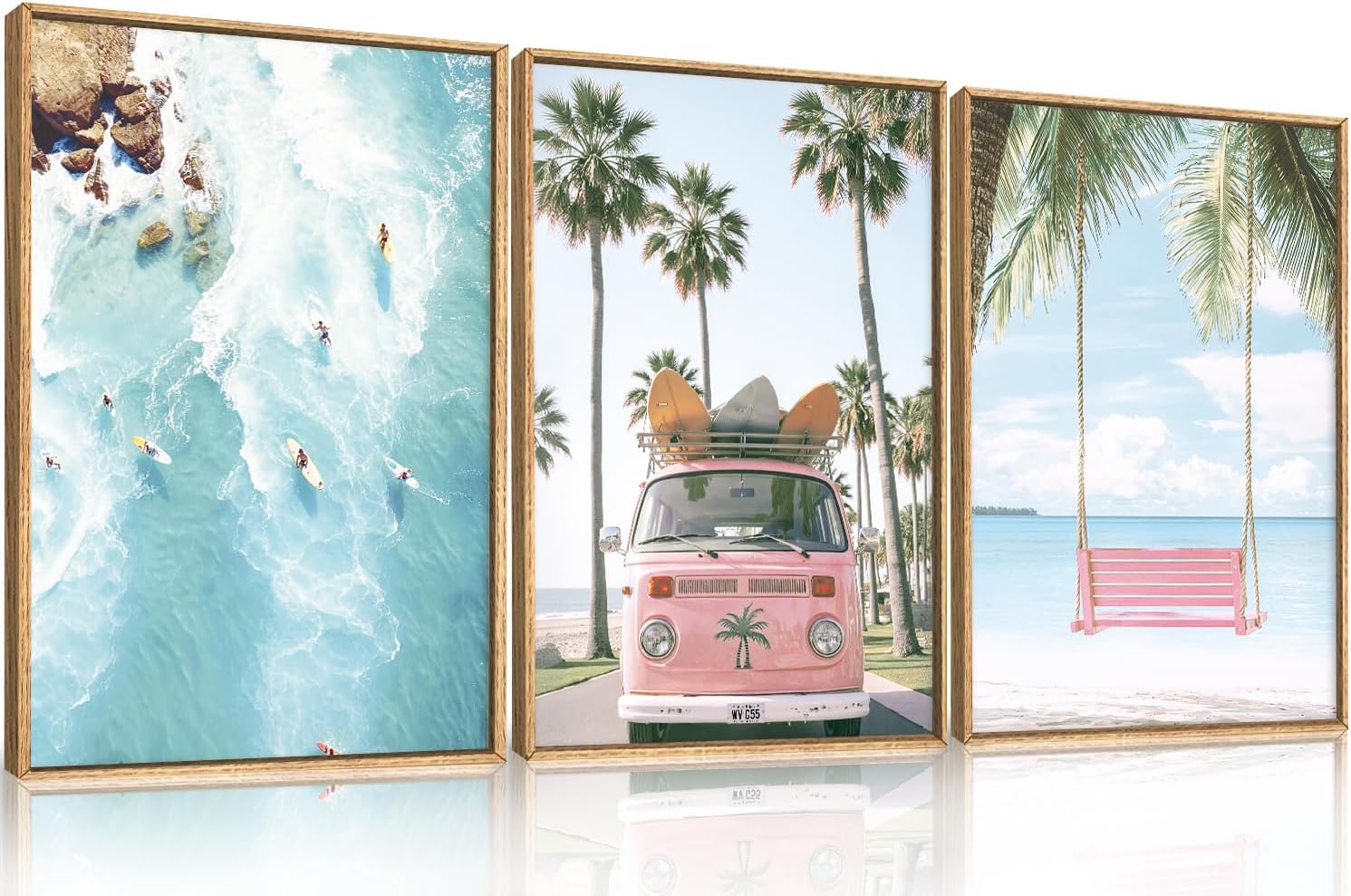 Large Summer Beach Surfing Scene Framed Canvas Wall Art Set,Coastal Pink Van and Surfboards Wall Decor,Trendy Beach Swing Palm Trees Artwork for Living Room,Bedroom-24 x36 x3