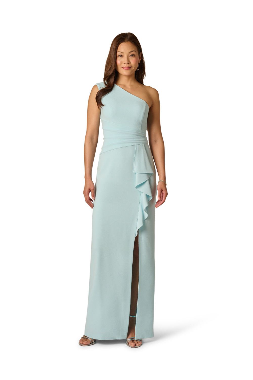 Adrianna Papell Side Ruffle Crepe Column Gown