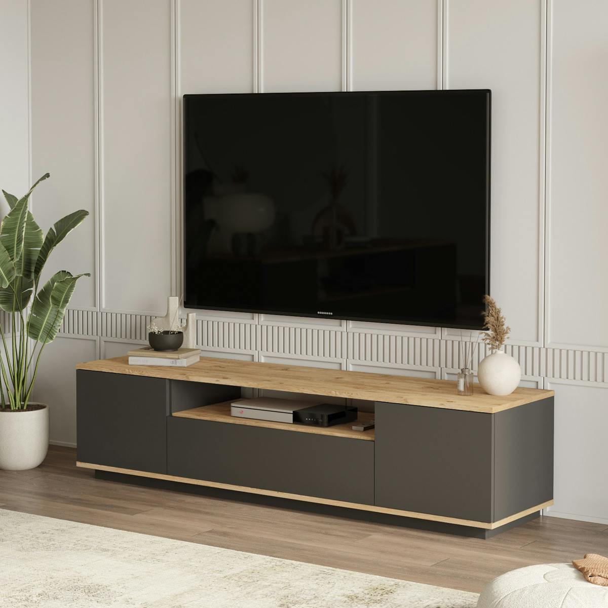 Meuble TV moderne gris et décor bois 1 niche centrale MARFA