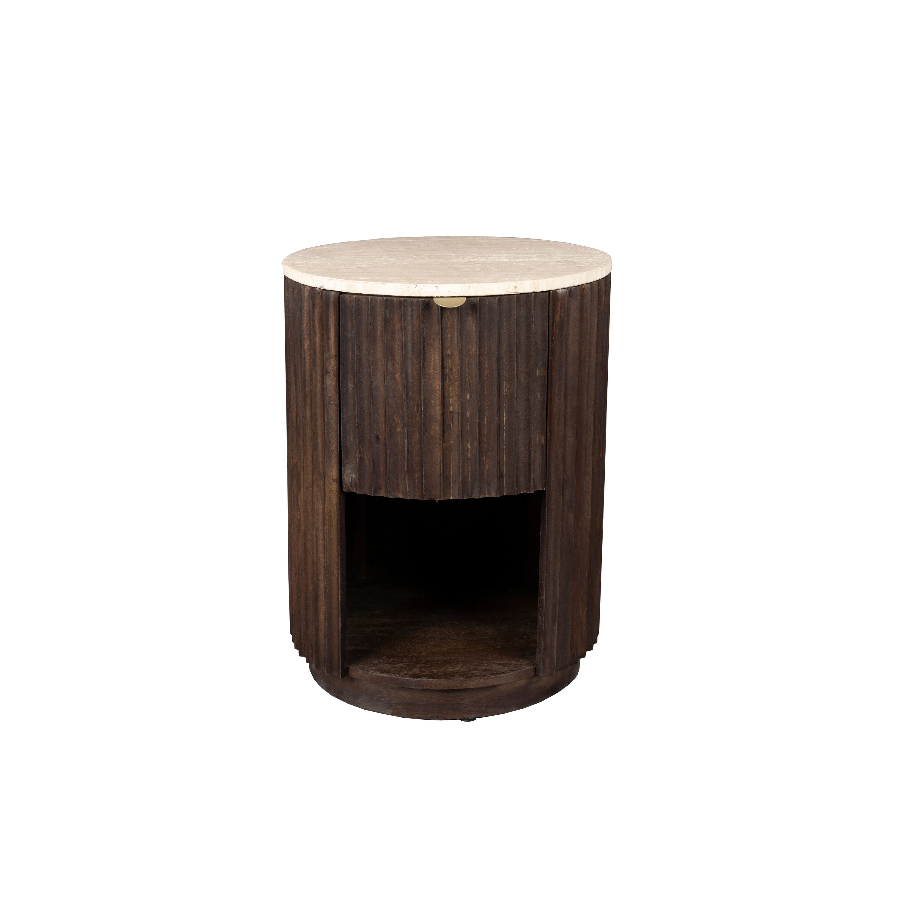 Dutchbone Marlow Bijzettafel/Nachtkastje Rond 45 cm Travertin/ Hout - Bruin