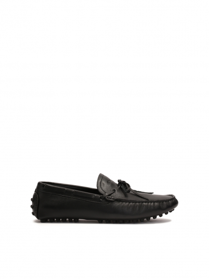 Black leather moccasins with lace-up thong