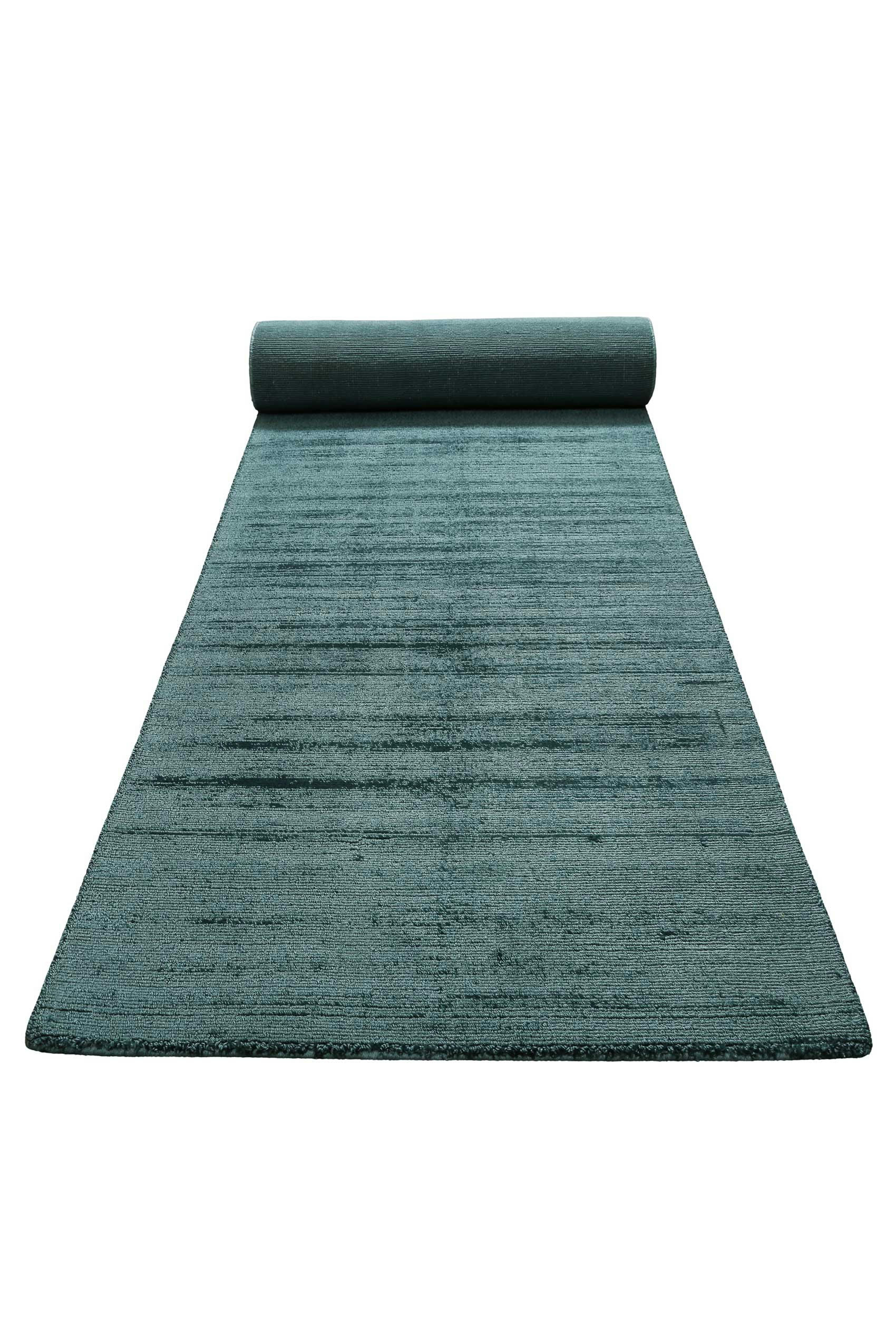 MIRAMONTI - Tapis de couloir à poil ras effet soie turquoise pétrole 80x230