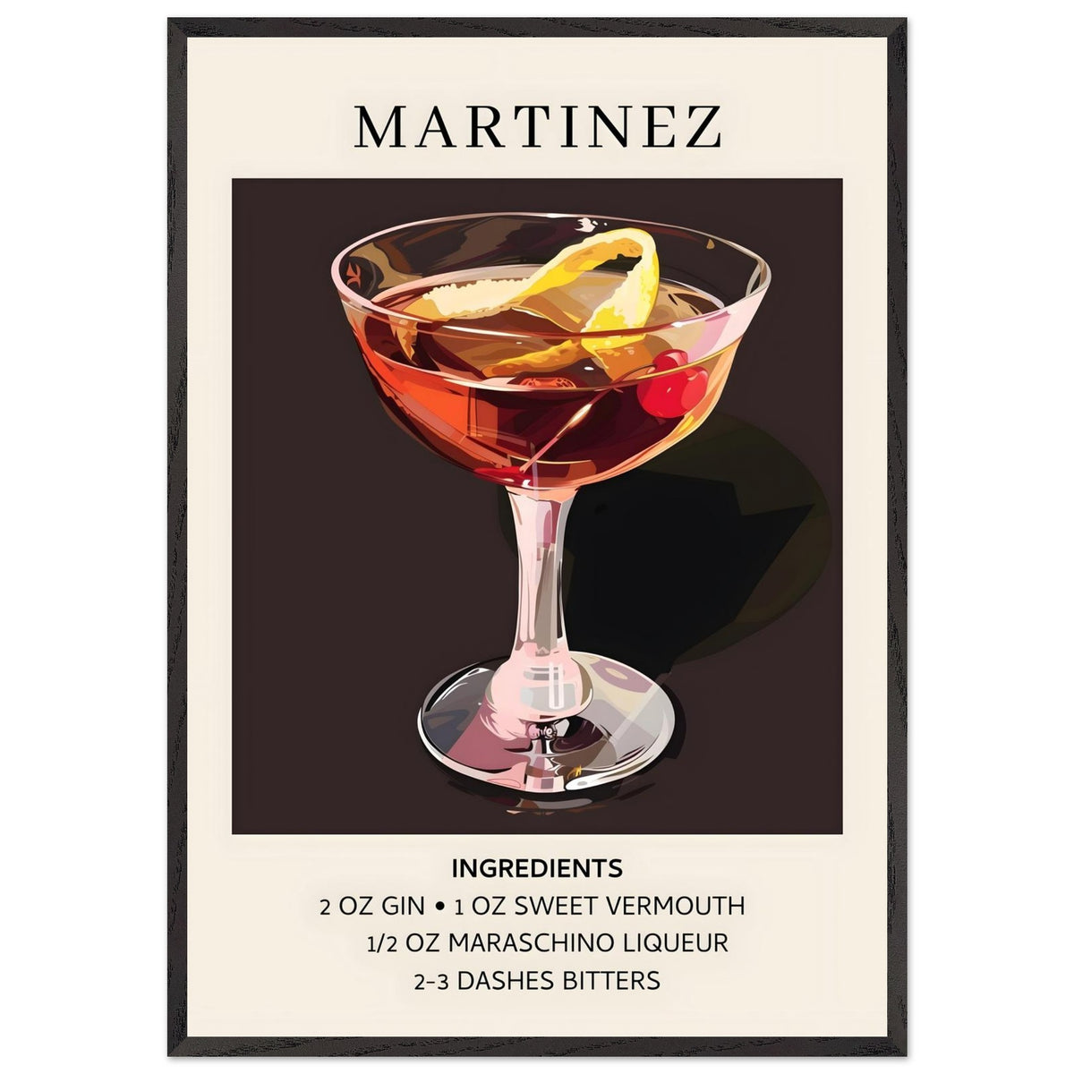 Artfulprints Poster met Lijst Martinez cocktail - Ingrediënten  - 70x100 cm - Zwart