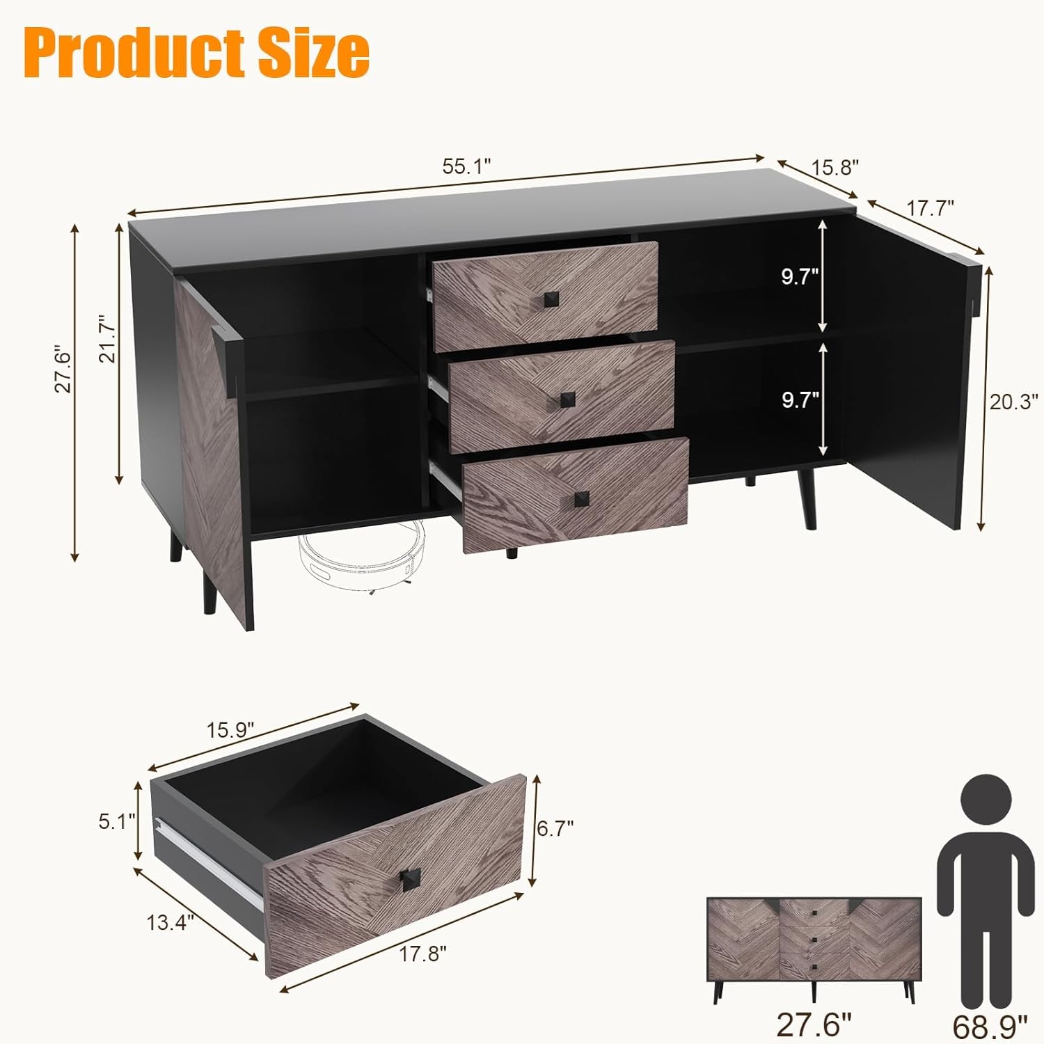 GAOMON Large Storage Cabinet with Shelves & Doors, Sideboard Buffet Cabinet with Drawer, Entryway Cabinets, Accent Cabinets for Living Room, Dining Room, Entryway