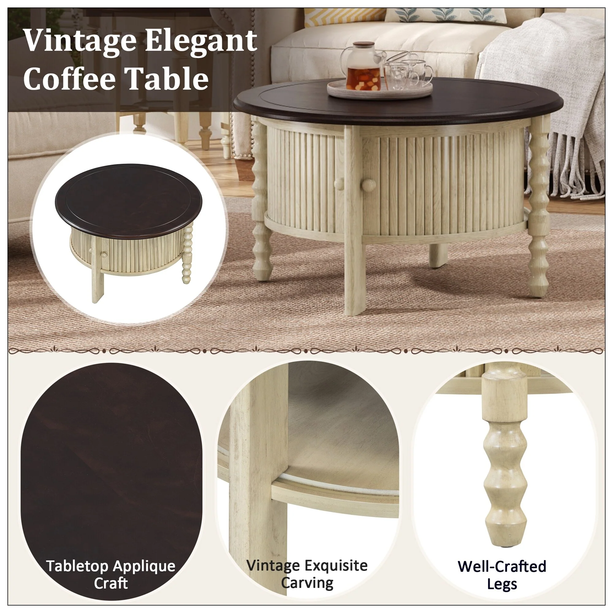 Vintage Round Coffee Table with Storage in 30.3 for Living Room