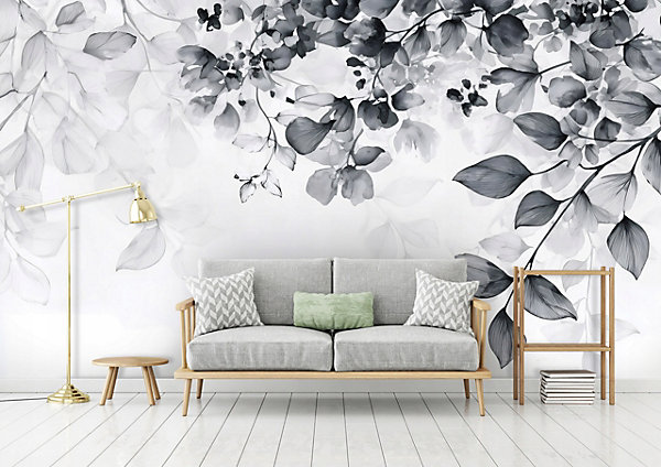 Papier Peint Feuilles Noir et blanc Intissé Panoramique Pour Chambre Cuisine 300x210 cm
