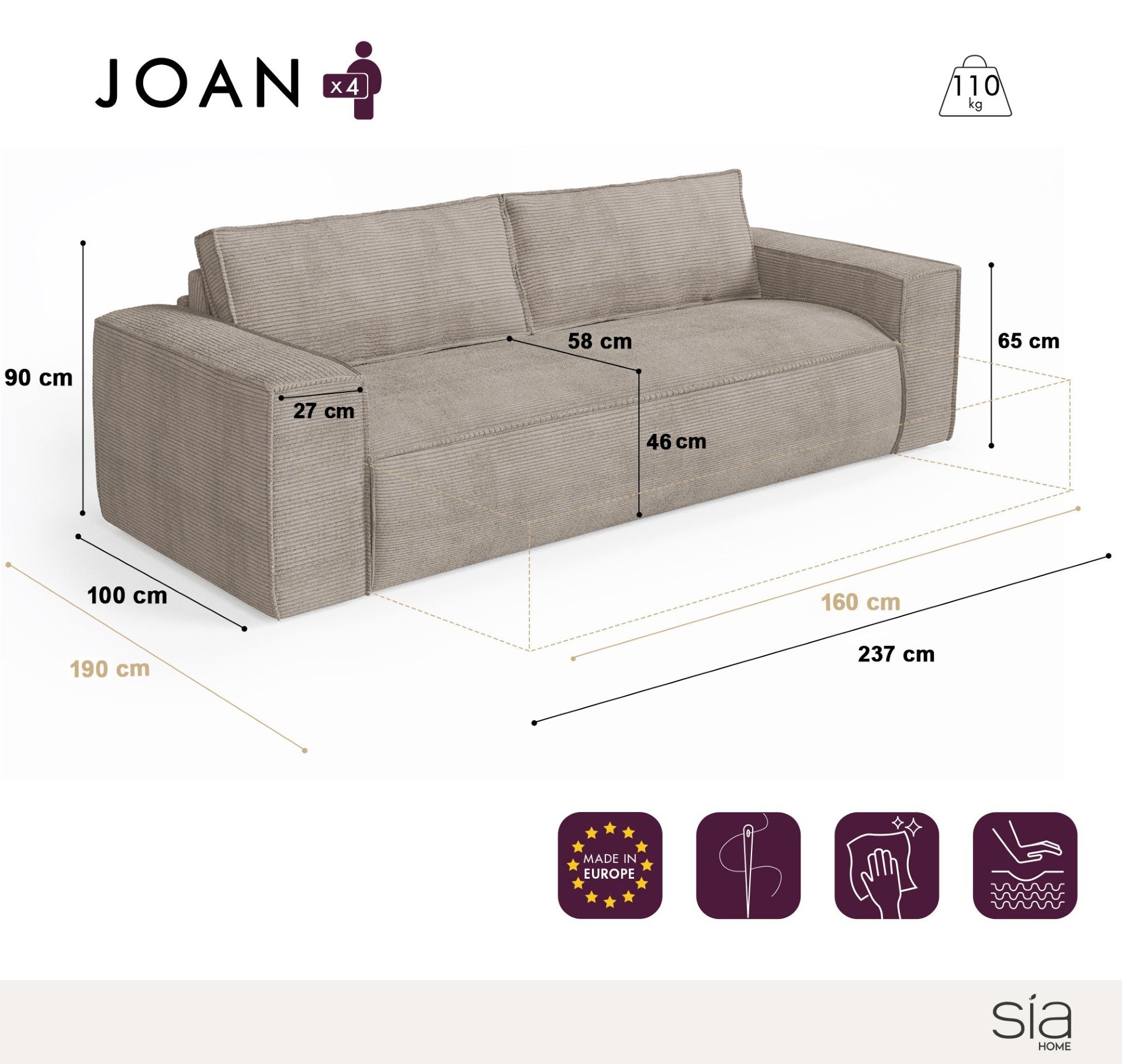 Rechte bank JOAN 3 personen Corduroy Donker antraciet