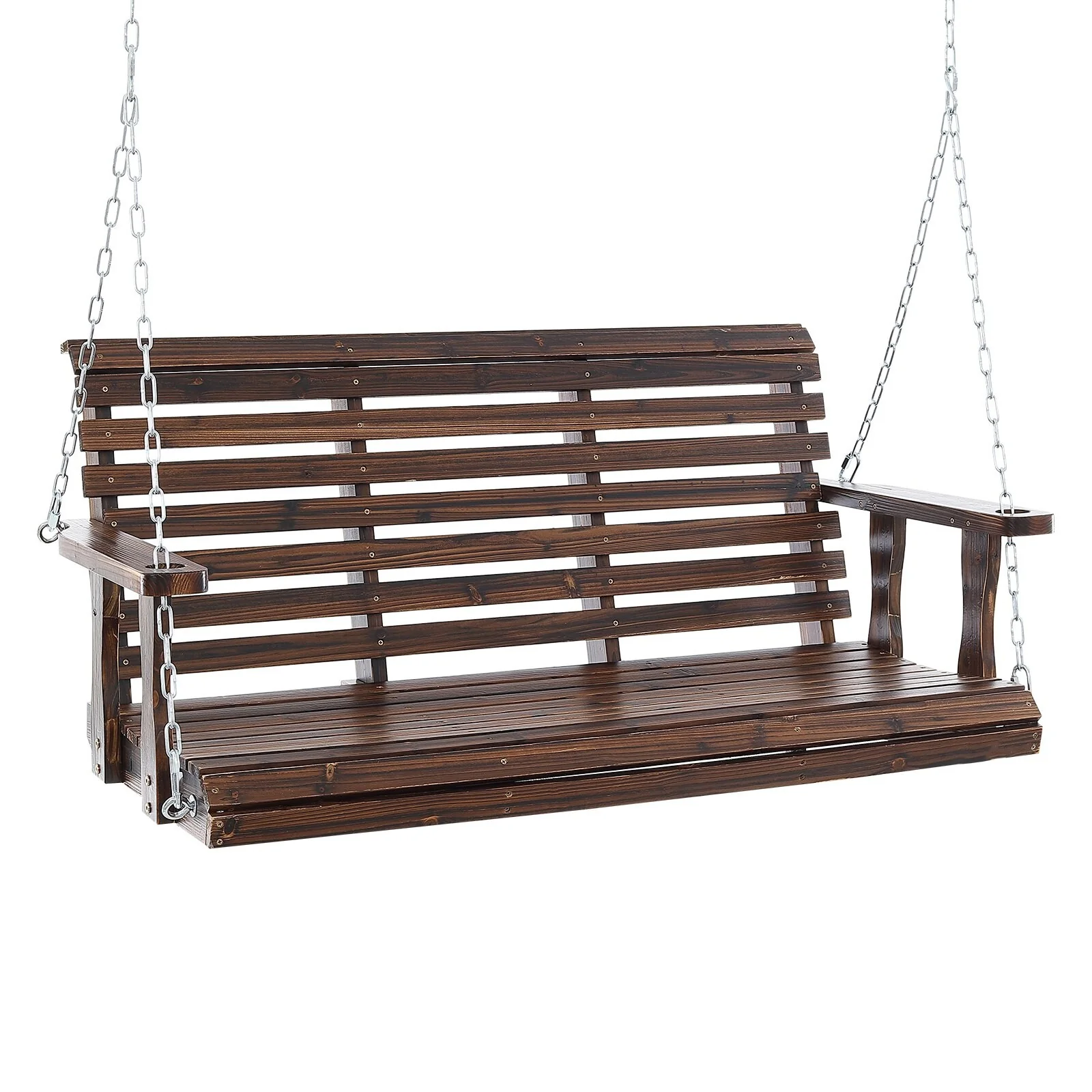 Carbonized Brown Cedar Wood Porch Swing with Chains and 880lb Load Capacity - 54” L x 28” W x 23.6” H