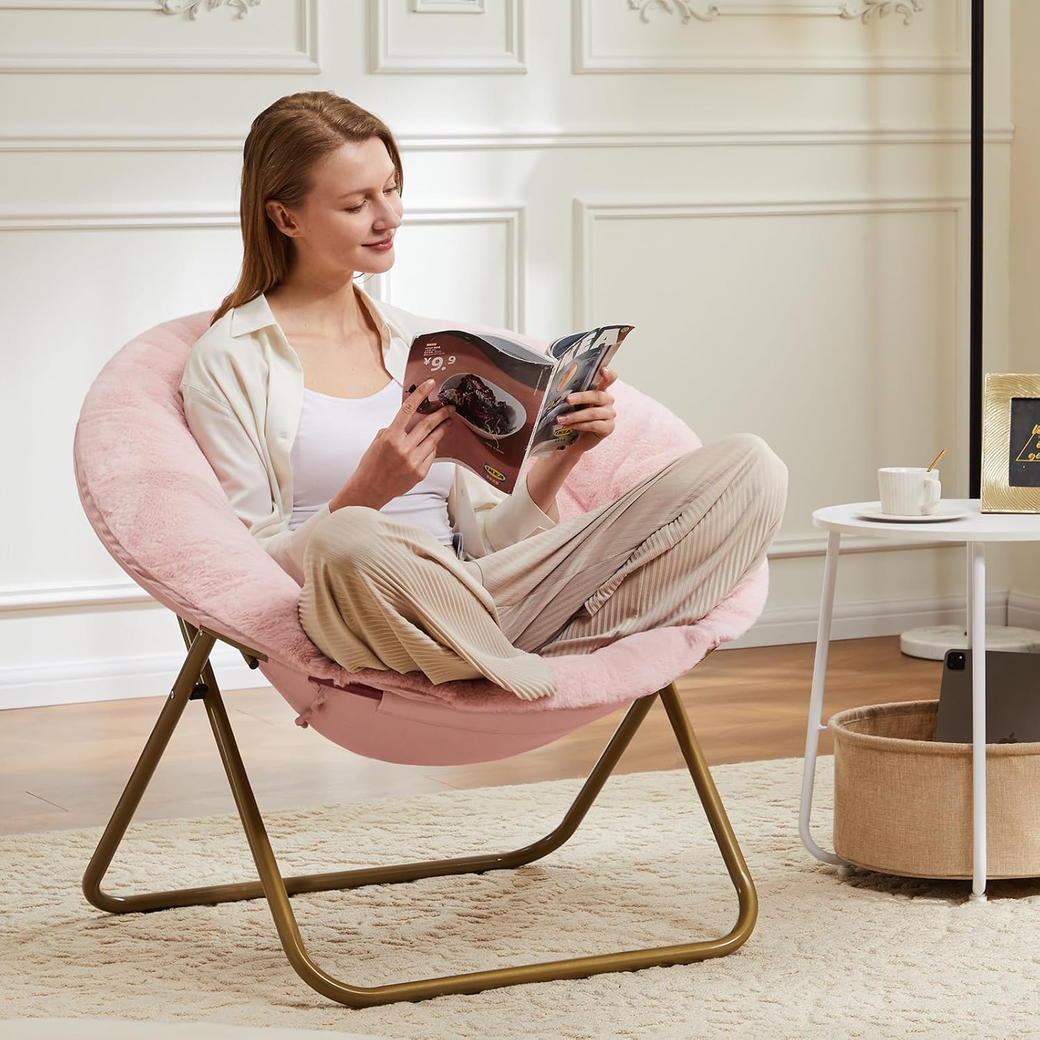 DUMOS Comfy Saucer Chair,Faux Fur Lounge Seasting XL Circle Chair for Bedroom, Dorm & Gaming, Foldable Fashion Accent Seat for Small Spaces, Folding Moon/Mushroom/Round Oversized Style,Hot Pink