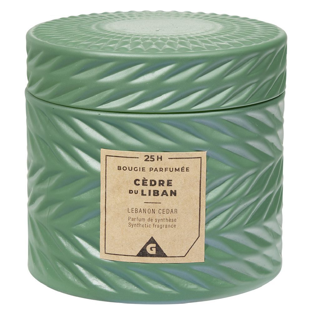 Bougie parfumée vert design relief senteur cèdre du Liban 25H