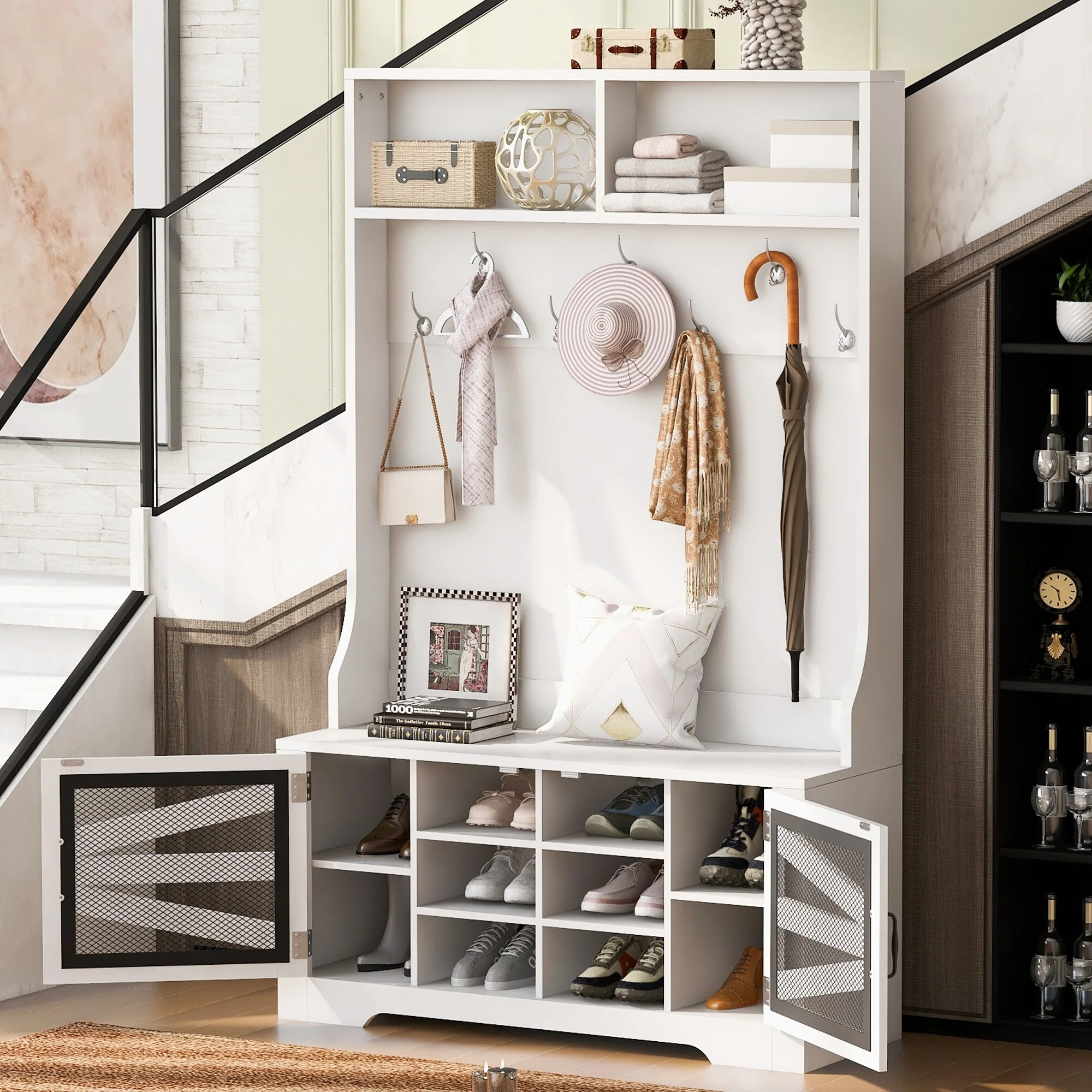 43.3 Entryway Bench with Coat Rack, 3-in-1 Design, Adjustable Shelves, Hall Tree with 7 Hooks for Entrance, Living Room