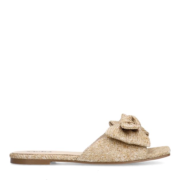 Beige raffia slippers met strik