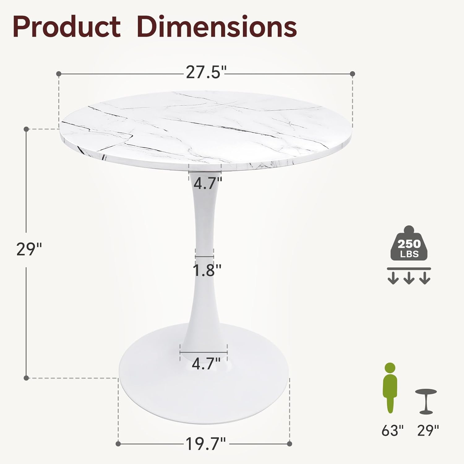 Round Dining Table 27.5 Faux Marble White Tulip Table with Pedestal Base for 2-4 People Small Space - Kitchen Living Room Cafe