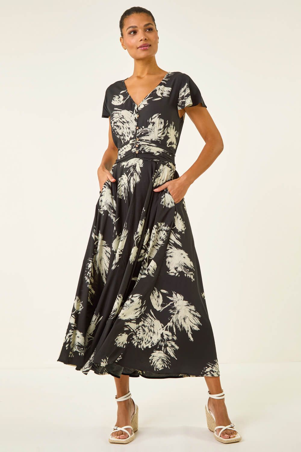 Roman Floral Print Ruched Midi Dress